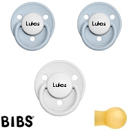 Bibs de LUX Schnuller mit Namen, Rund, Latex, Gr. 1, (2 Babyblue + 1 White -HK), 3'er Pack